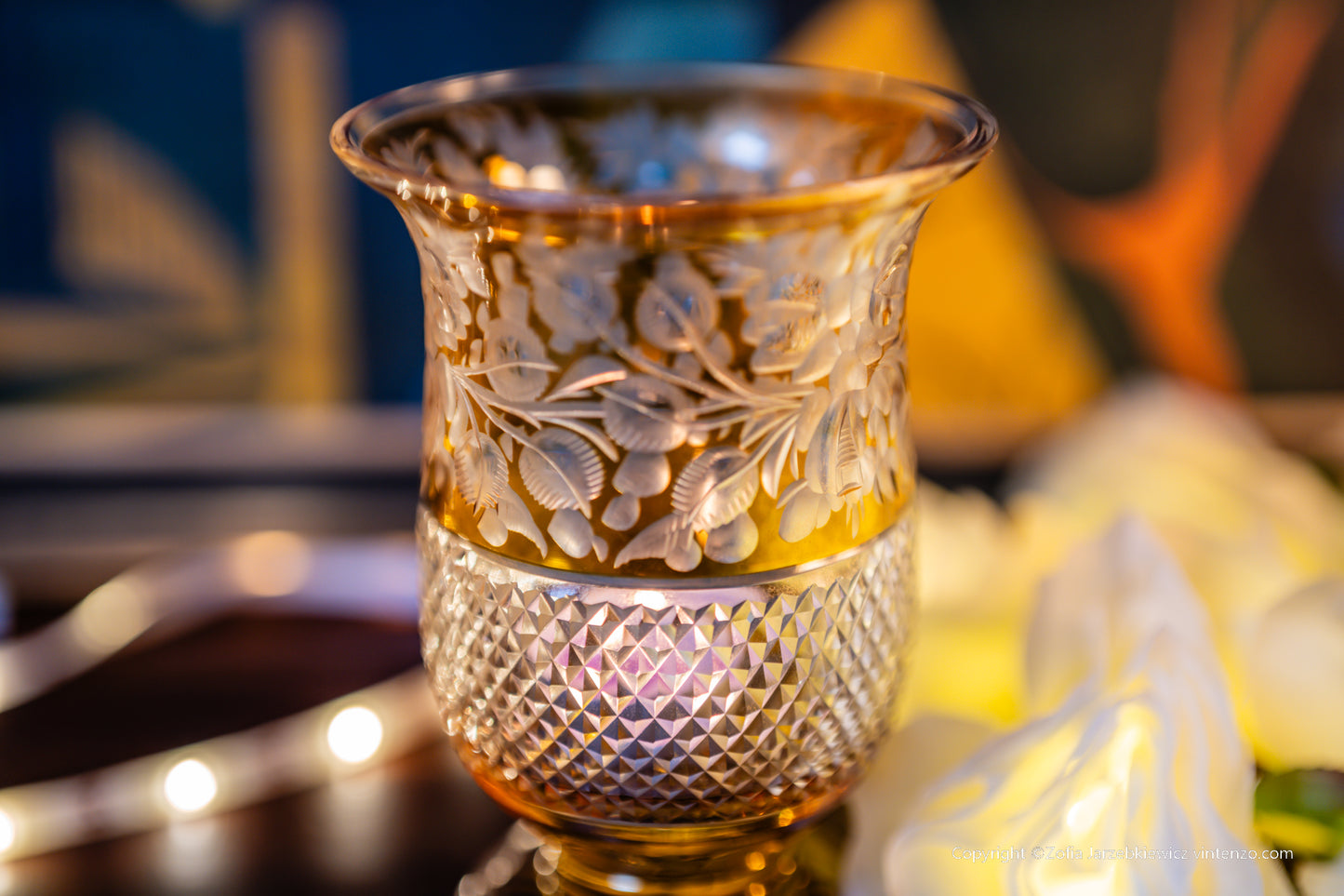 Bohemian Amber Stained Glass Deep Cut Tealight Vase