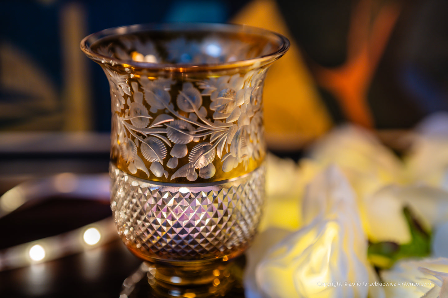 Bohemian Amber Stained Glass Deep Cut Tealight Vase