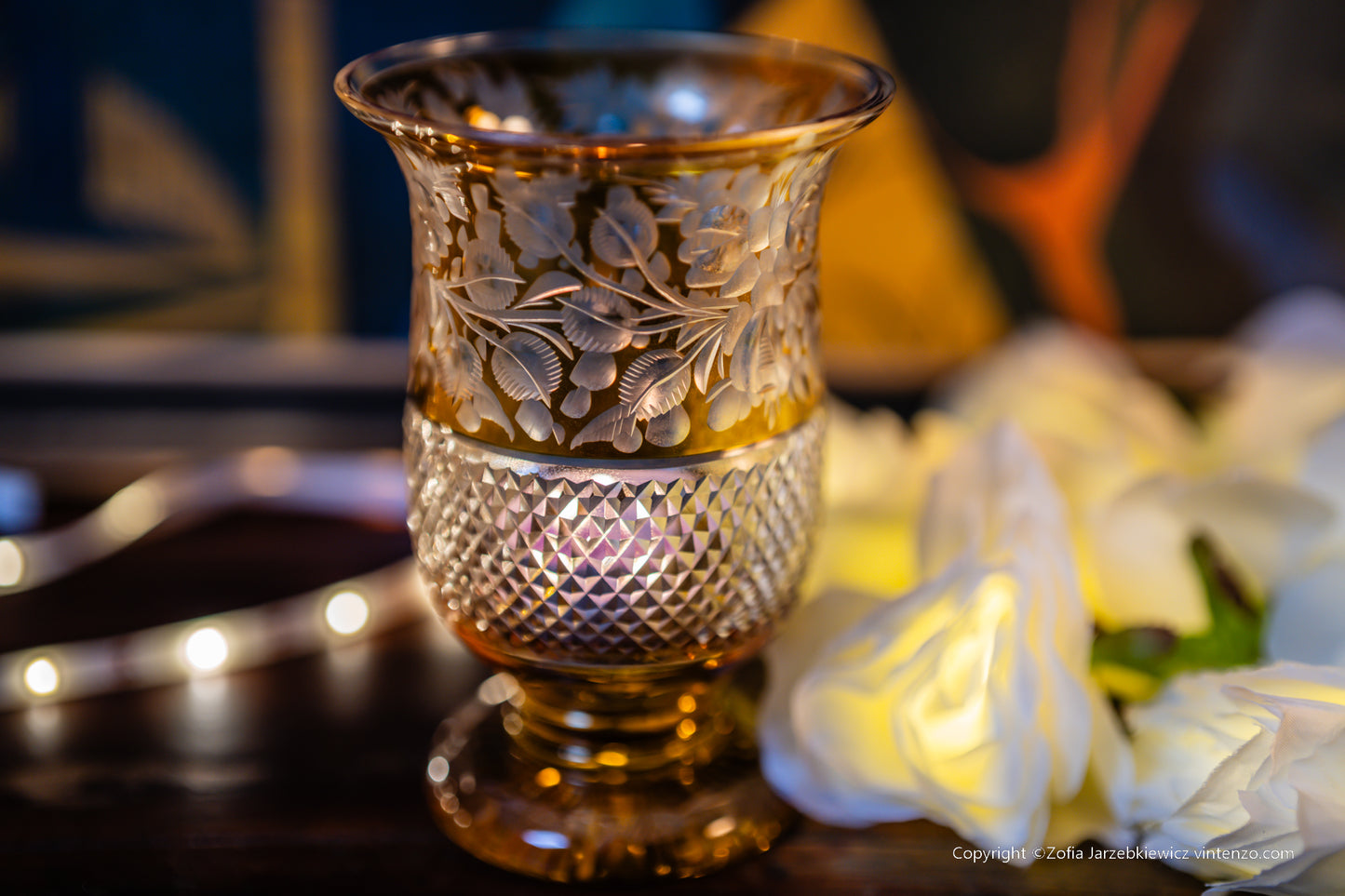 Bohemian Amber Stained Glass Deep Cut Tealight Vase