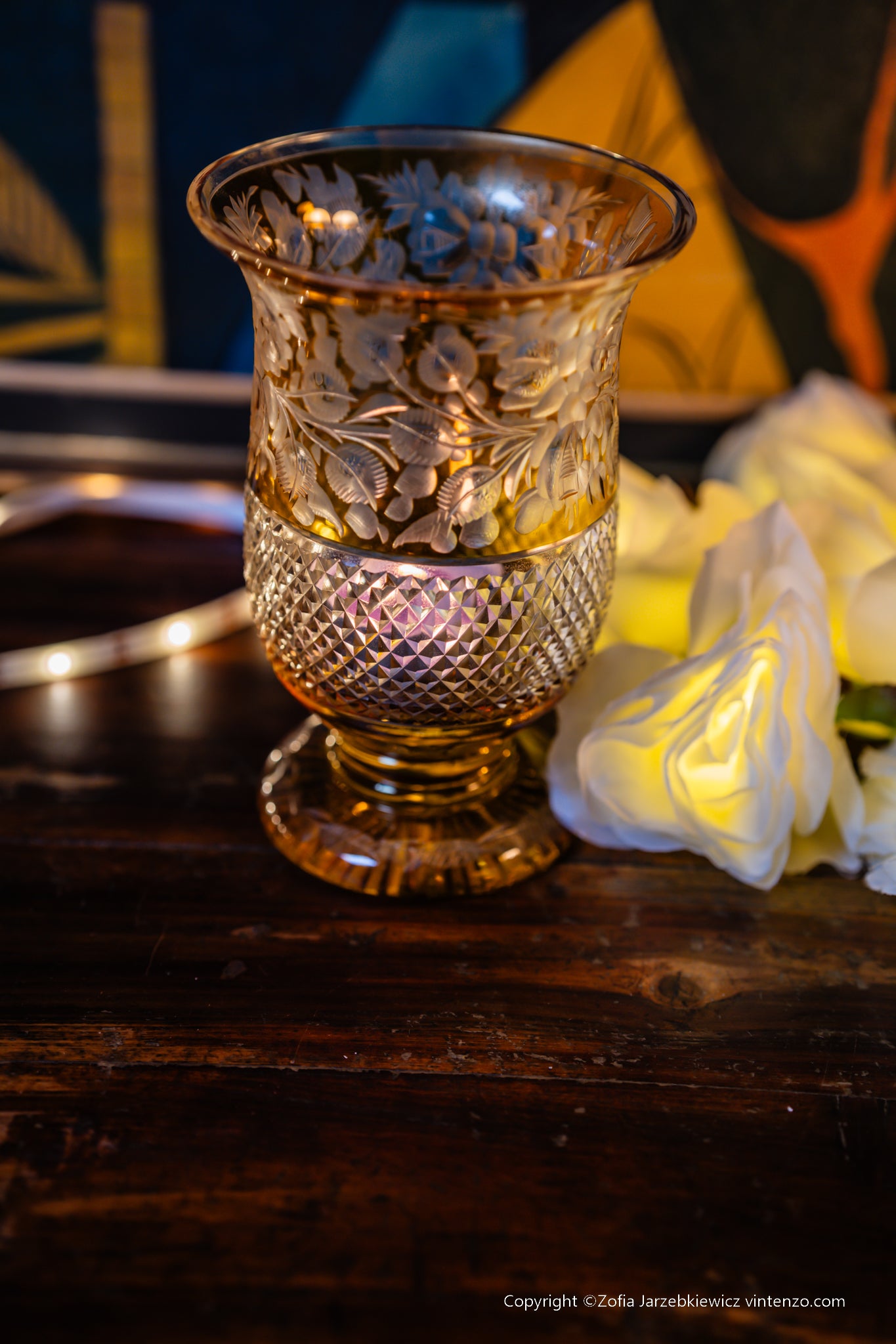 Bohemian Amber Stained Glass Deep Cut Tealight Vase
