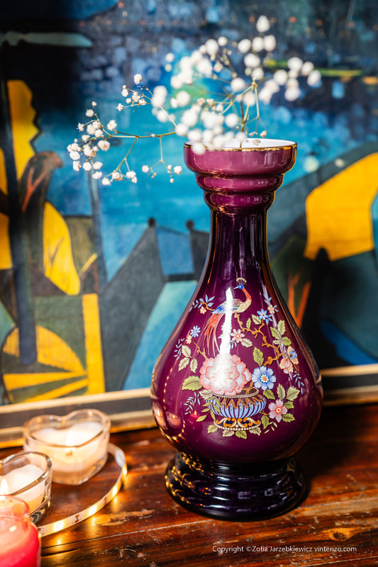 Ardalt Italian Peacock and Floral Art Glass Vase