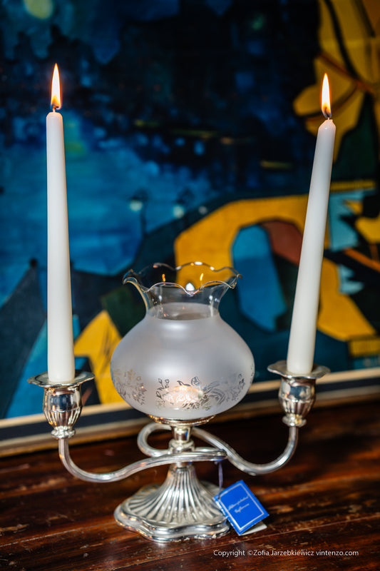 Silver Plated Two Light Candle Lamp Holder Glass Shade