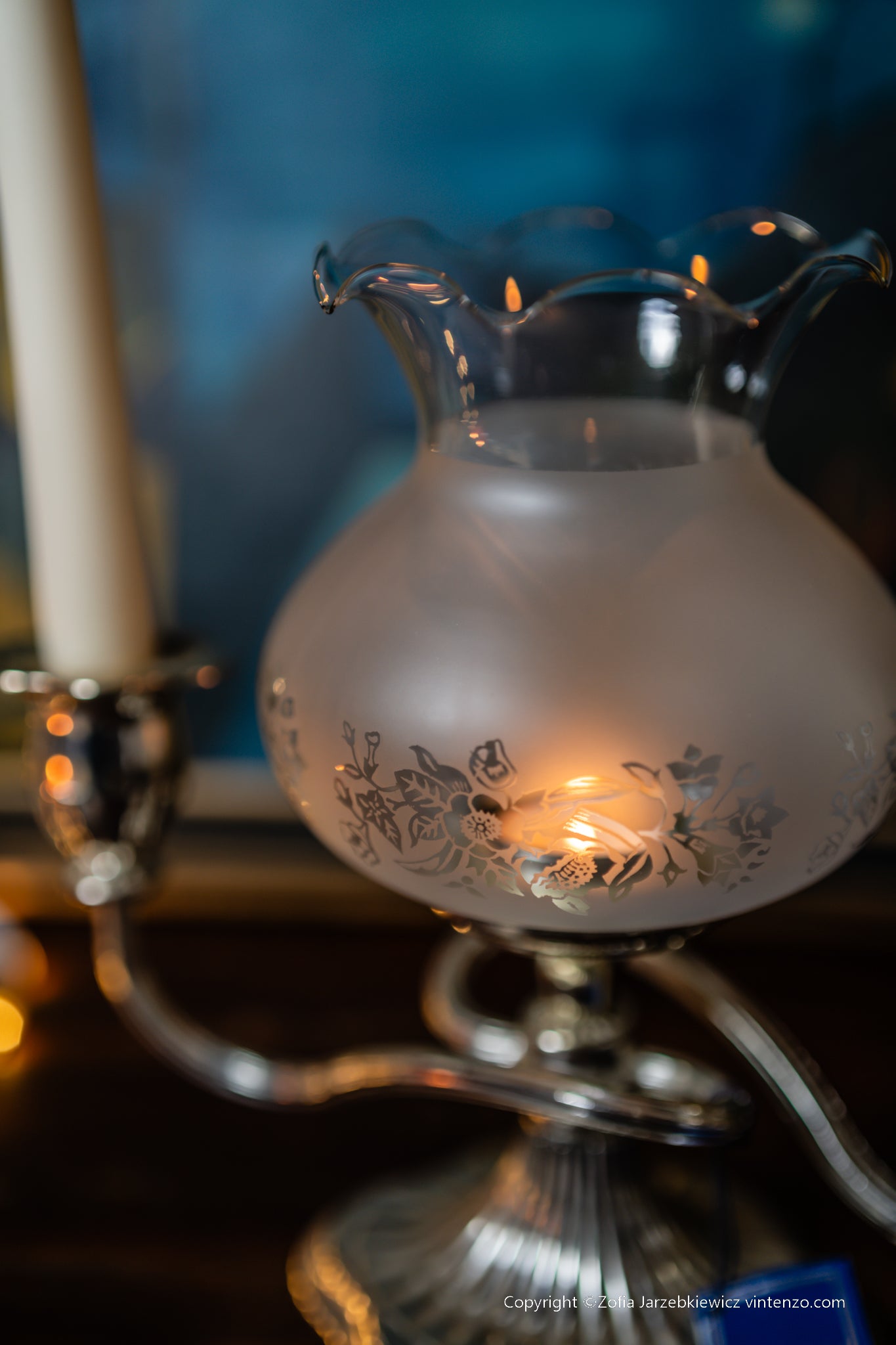 Silver Plated Two Light Candle Lamp Holder Glass Shade