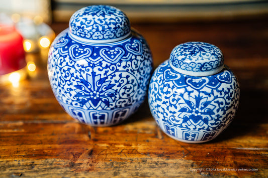 Set of Two Vintage Blue and White Tangled Branches and Lotus Lid Jar