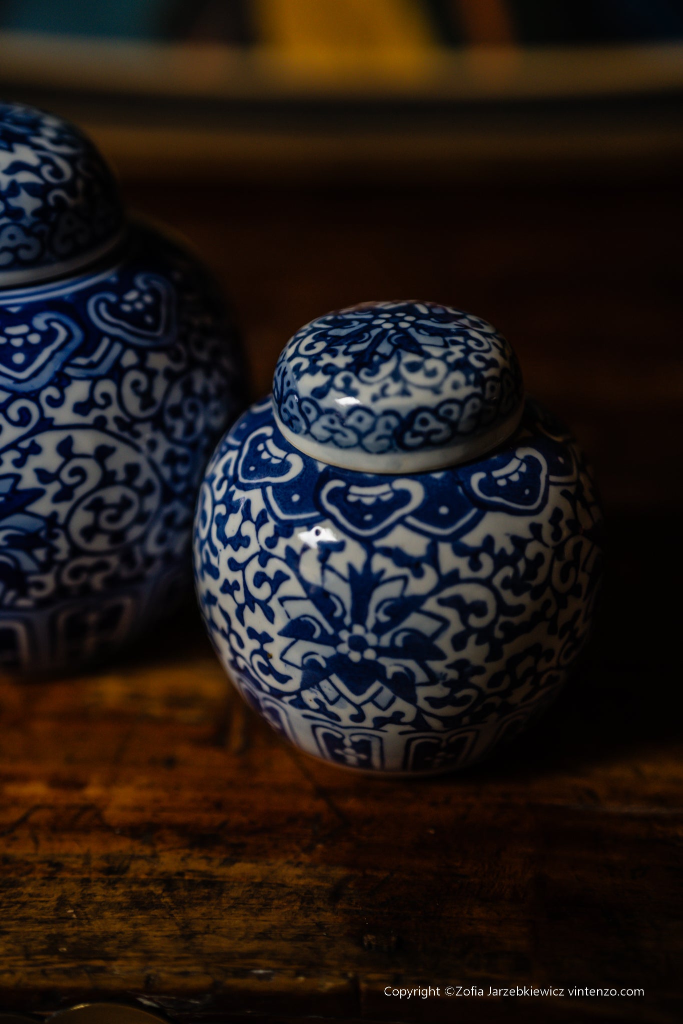 Set of Two Vintage Blue and White Tangled Branches and Lotus Lid Jar
