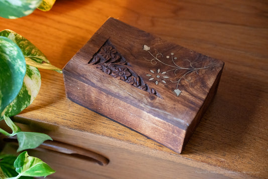 Vintage Wooden Box with Brass Flower Detail