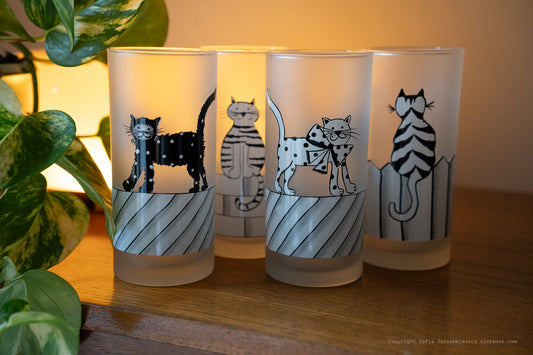 4 Frosted Cats On Fence Drinking Glasses