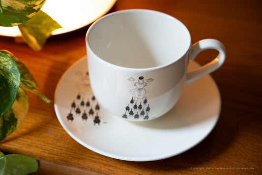 Vintage Decorative Cat Illustration Ceramic Albert Dubout Big Cup and a Saucer