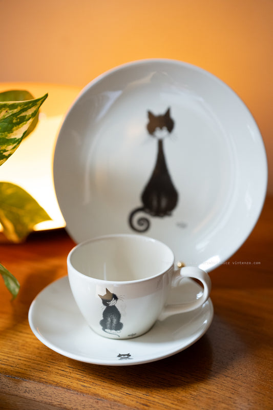 Vintage Decorative Cat Illustration Ceramic Albert Dubout Plate and cup with saucer