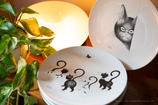 5 Vintage Decorative Cat Illustration Ceramic Albert Dubout Dinner Plates