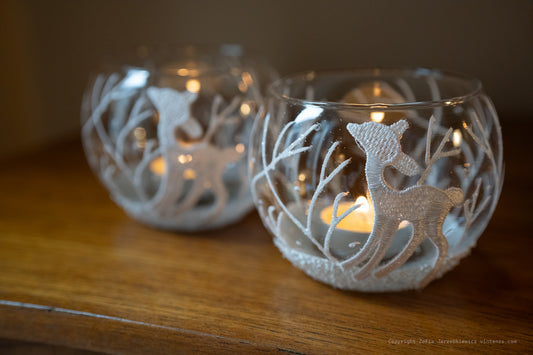 Two Christmas Glitter Glass Reindeer Winter Tea Light Holders