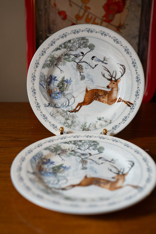 Set of 2 Christmas Dessert Plates Reindeer Design