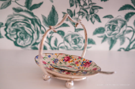 Royal Winton Grimwades Old Cottage Chintz Bowl Dish with Silver Plated Handle and Knife