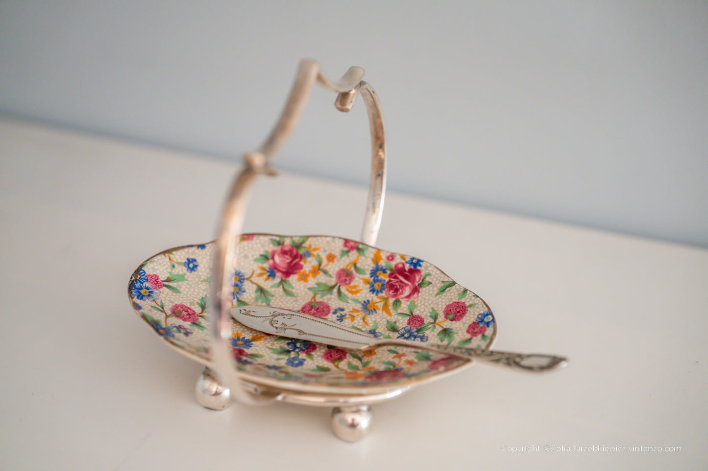 Royal Winton Grimwades Old Cottage Chintz Bowl Dish with Silver Plated Handle and Knife