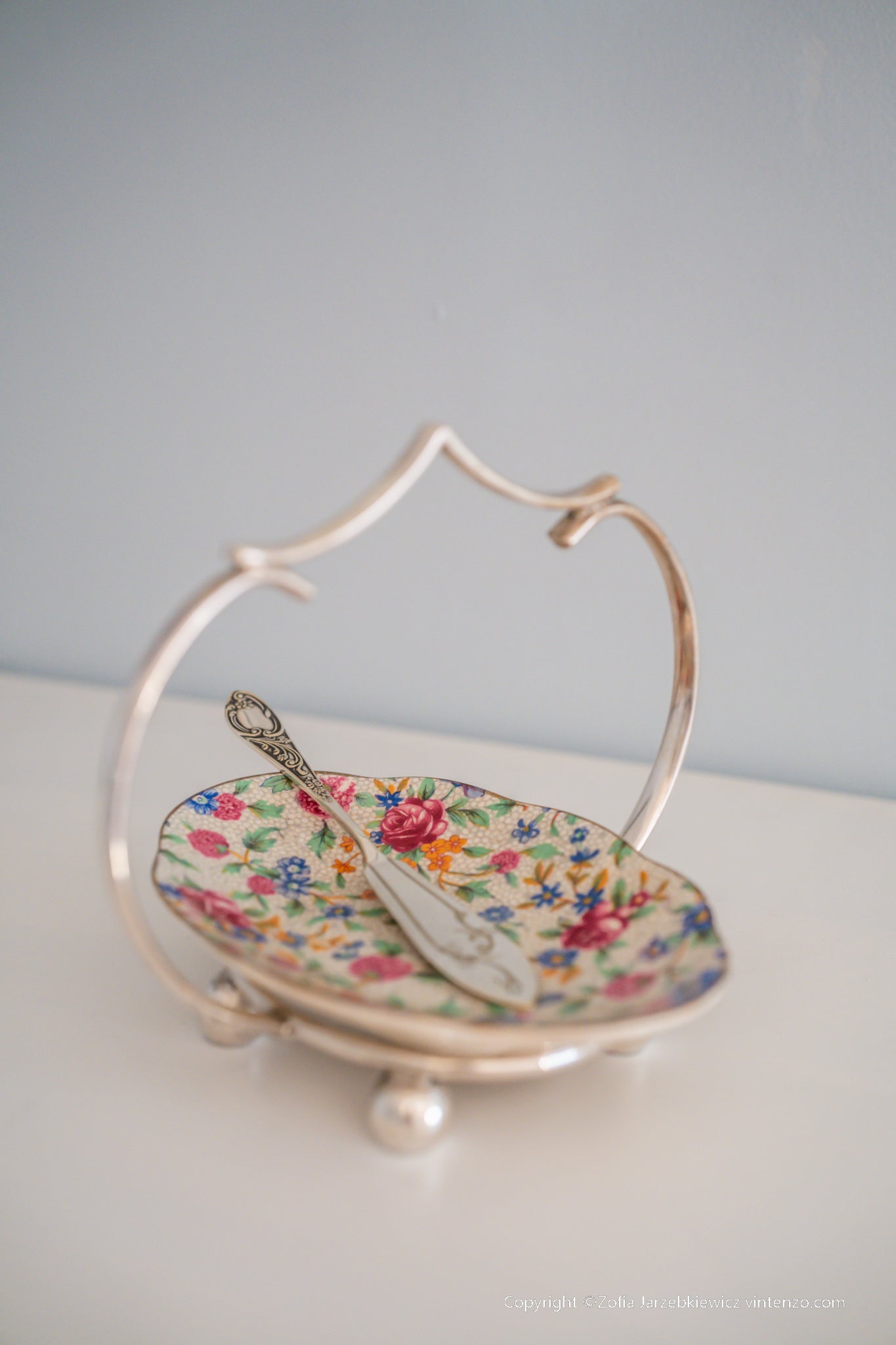 Royal Winton Grimwades Old Cottage Chintz Bowl Dish with Silver Plated Handle and Knife