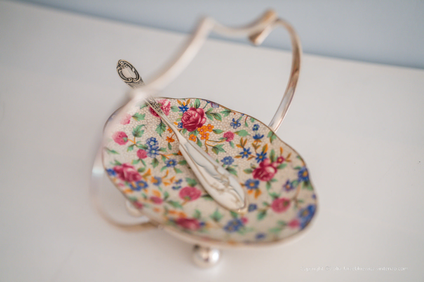 Royal Winton Grimwades Old Cottage Chintz Bowl Dish with Silver Plated Handle and Knife