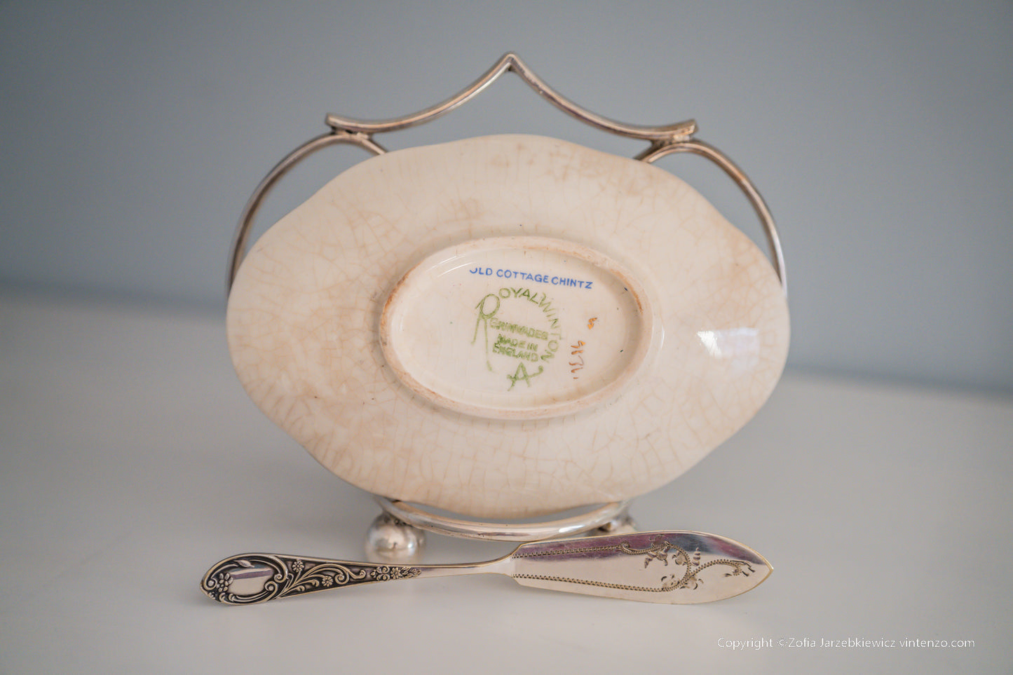 Royal Winton Grimwades Old Cottage Chintz Bowl Dish with Silver Plated Handle and Knife