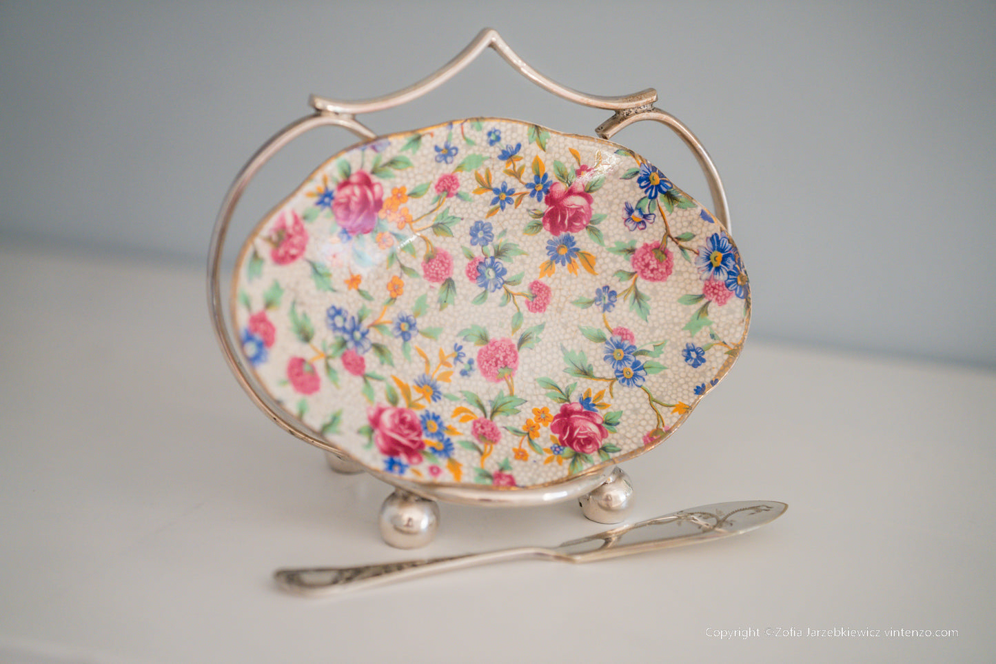 Royal Winton Grimwades Old Cottage Chintz Bowl Dish with Silver Plated Handle and Knife