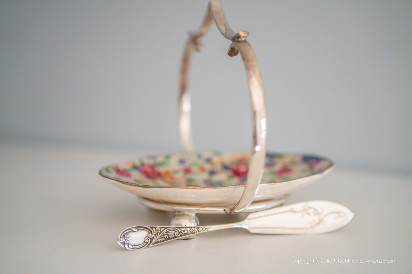 Royal Winton Grimwades Old Cottage Chintz Bowl Dish with Silver Plated Handle and Knife