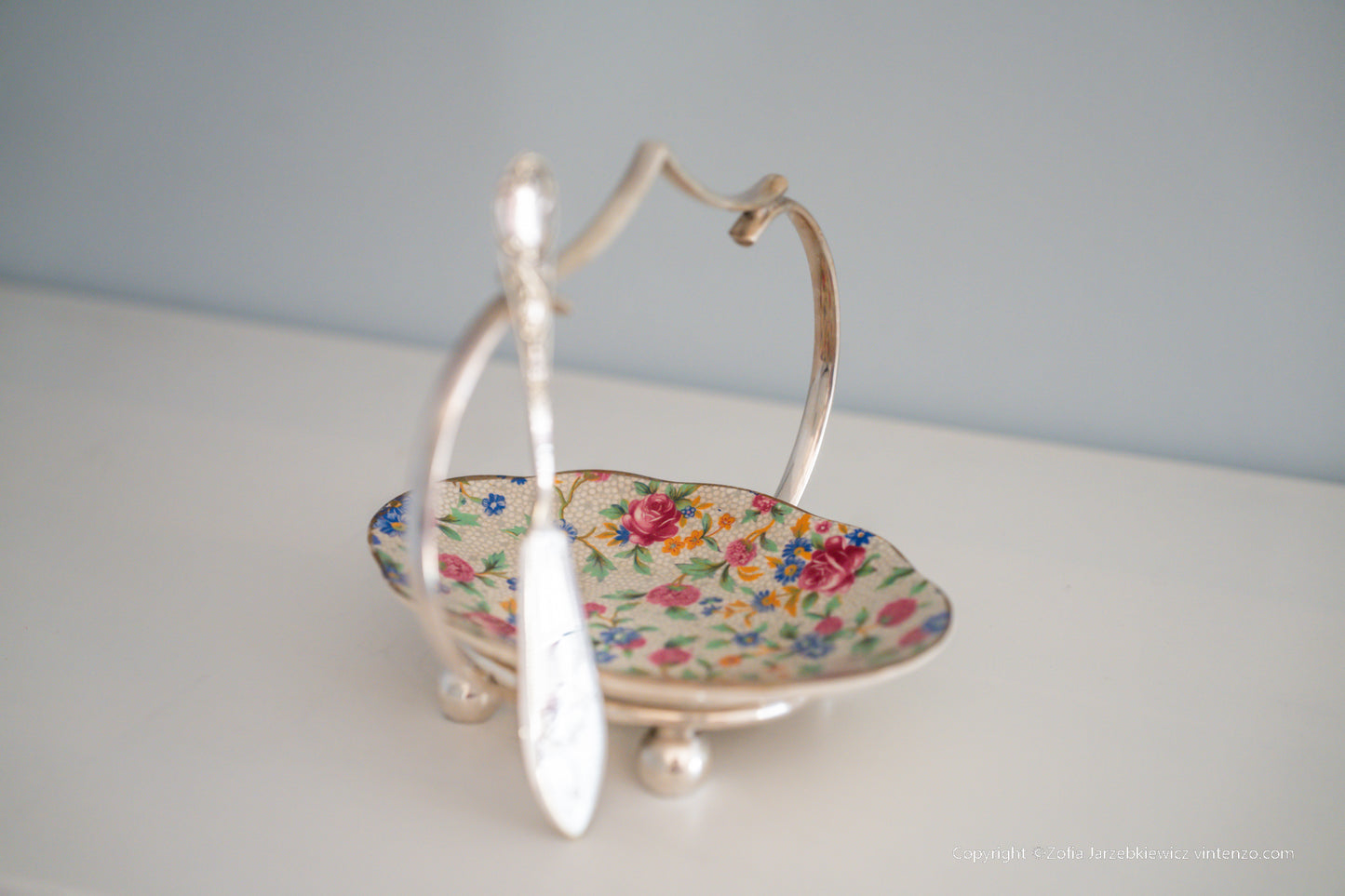 Royal Winton Grimwades Old Cottage Chintz Bowl Dish with Silver Plated Handle and Knife
