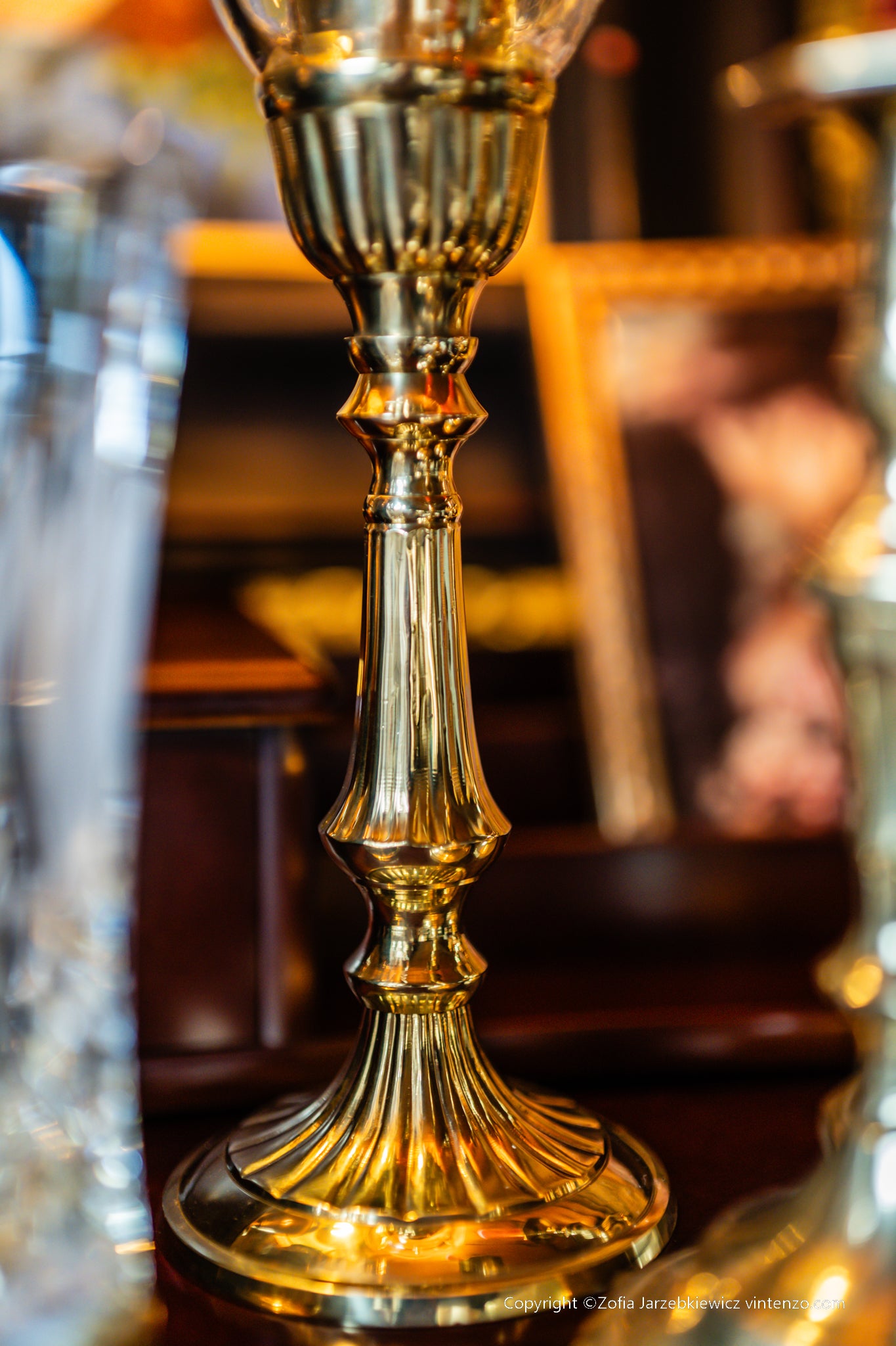 Vintage Tall Brass Candlestick Holder with Hurricane Lamp Shade